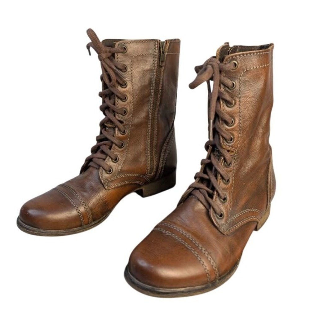 Steve Madden ~ Troopa Combat Boots Sz.7.5 Brown Leather Lace Up/Side Zip/Cap Toe